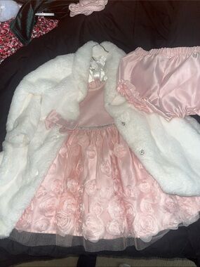 Girls Pink Floral Tulle Dress with White Faux Fur Coat Set